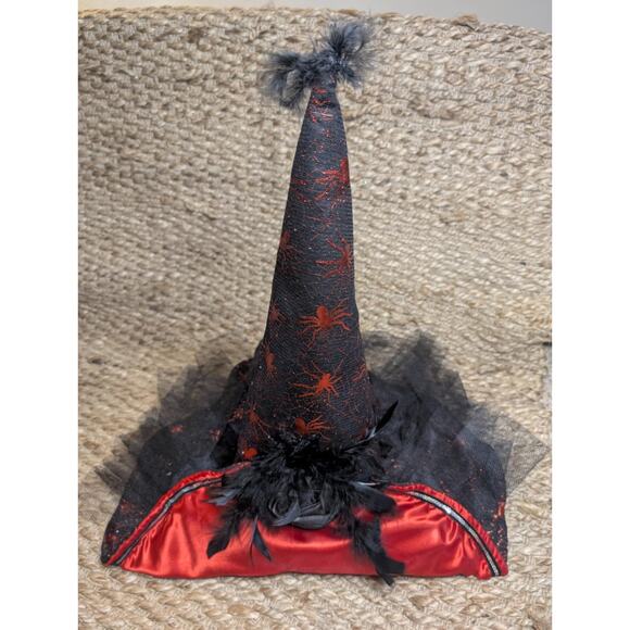 Witch Hat Black Rose Feathers Red Spiders Lace Sequins Satin Tall Halloween - Picture 1 of 11